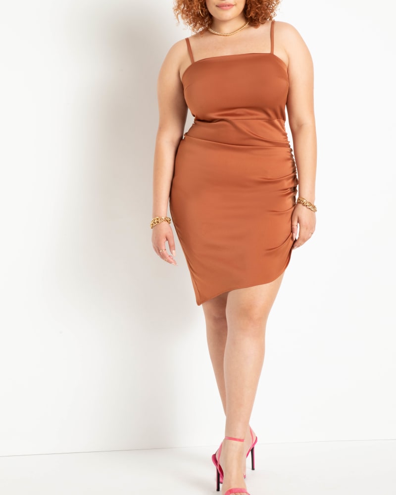 Front of a model wearing a size 14 Hanna Mini Satin Dress in Imperial Topaz by ELOQUII. | dia_product_style_image_id:216958